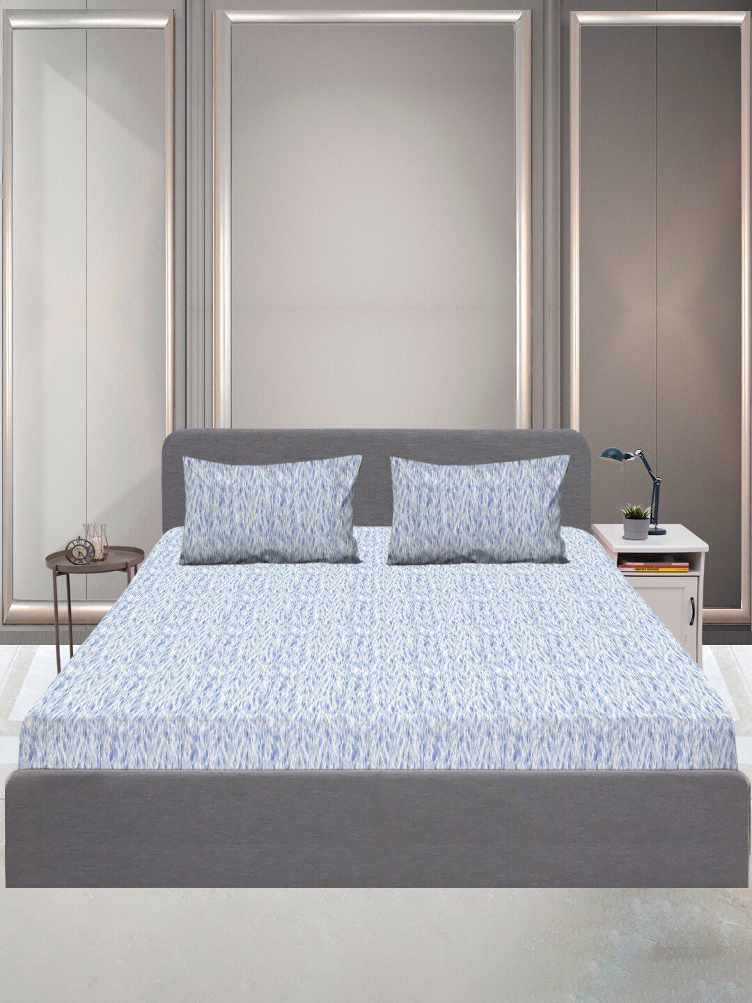 SLEEPX Blue & White 144 TC King Bedsheet with 2 Pillow Covers Price in India