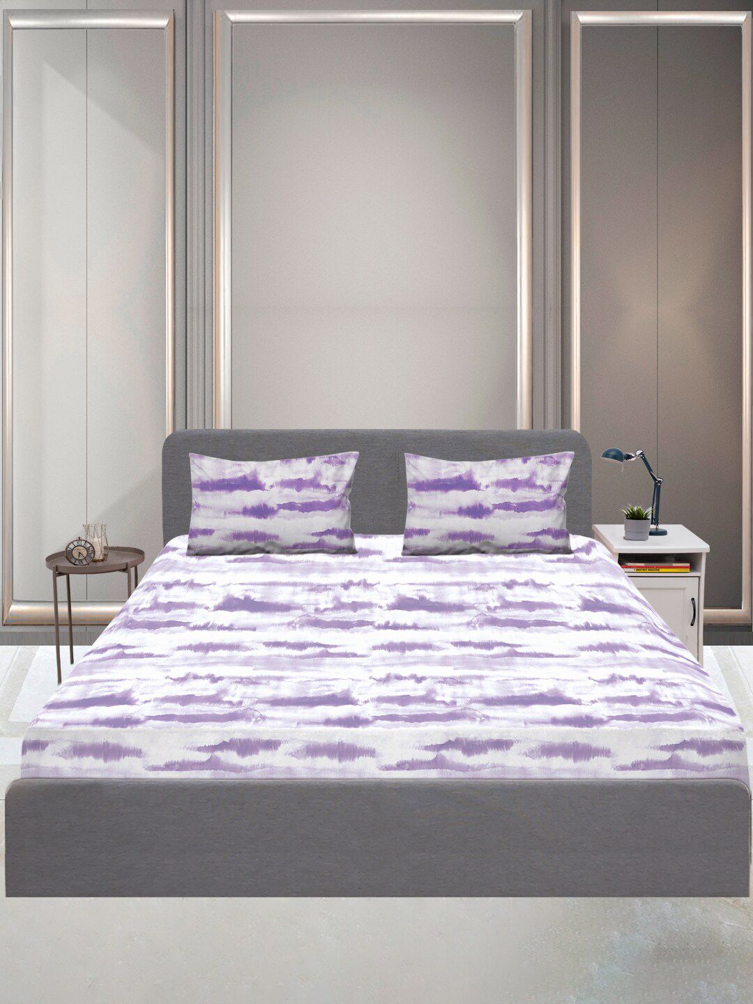 SLEEPX Violet & White 144 TC Queen Bedsheet with 2 Pillow Covers Price in India