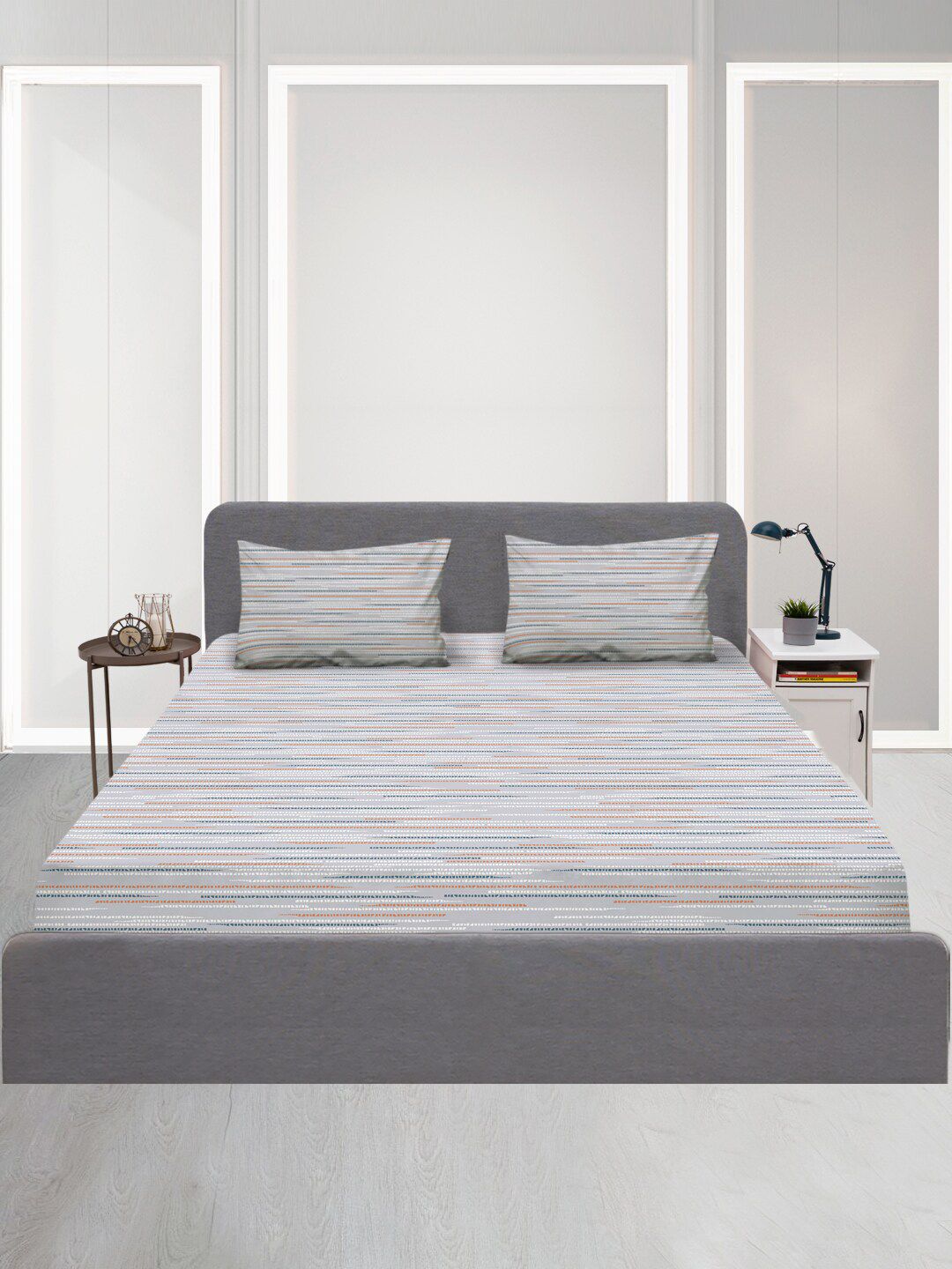 SLEEPX Grey & Blue Striped 120 TC Queen Bedsheet with 1 Pillow Covers Price in India