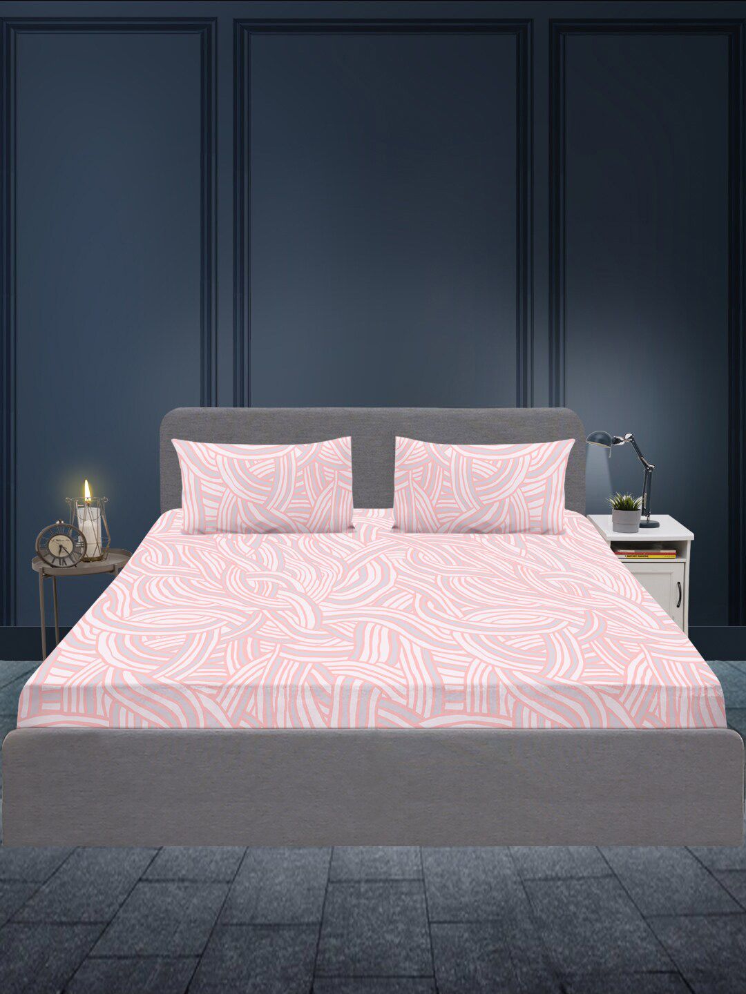 SLEEPX Pink & Off White Geometric 180 TC King Bedsheet with 2 Pillow Covers Price in India