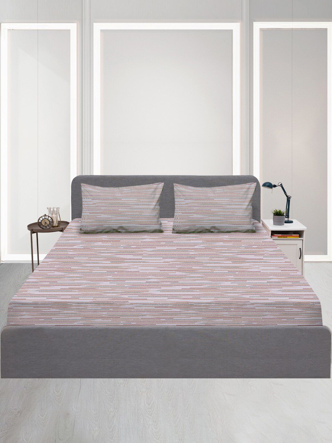 SLEEPX Grey & Maroon Striped 120 TC Queen Bedsheet with 2 Pillow Covers Price in India