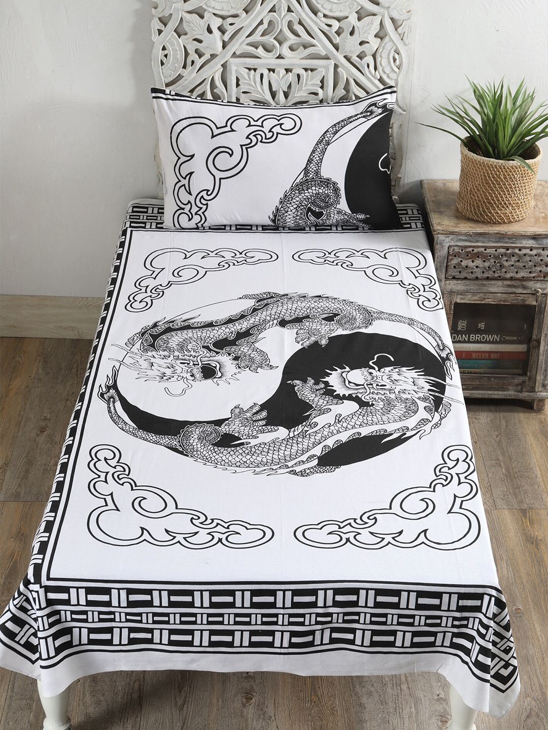 HANDICRAFT PALACE Dragon Printed 144 T Cotton Single Bedsheet with 1 Pillow Covers Price in India