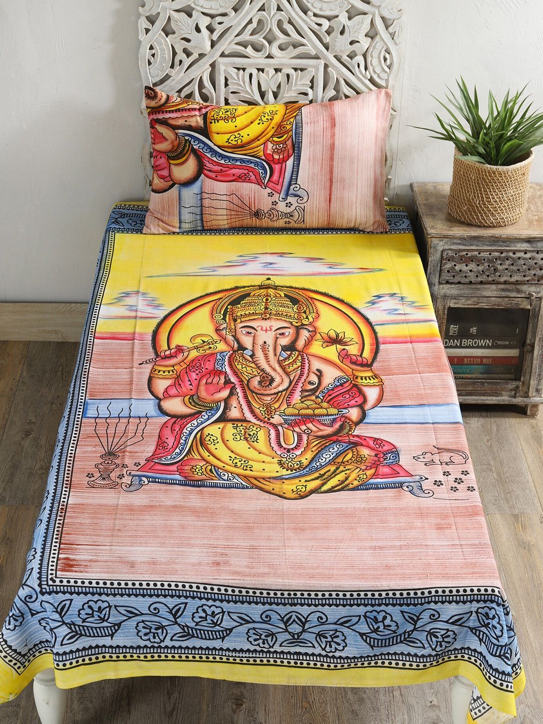 HANDICRAFT PALACE Ganesha Printed 144 TC Cotton Single Bedsheet with 1 Pillow Covers Price in India