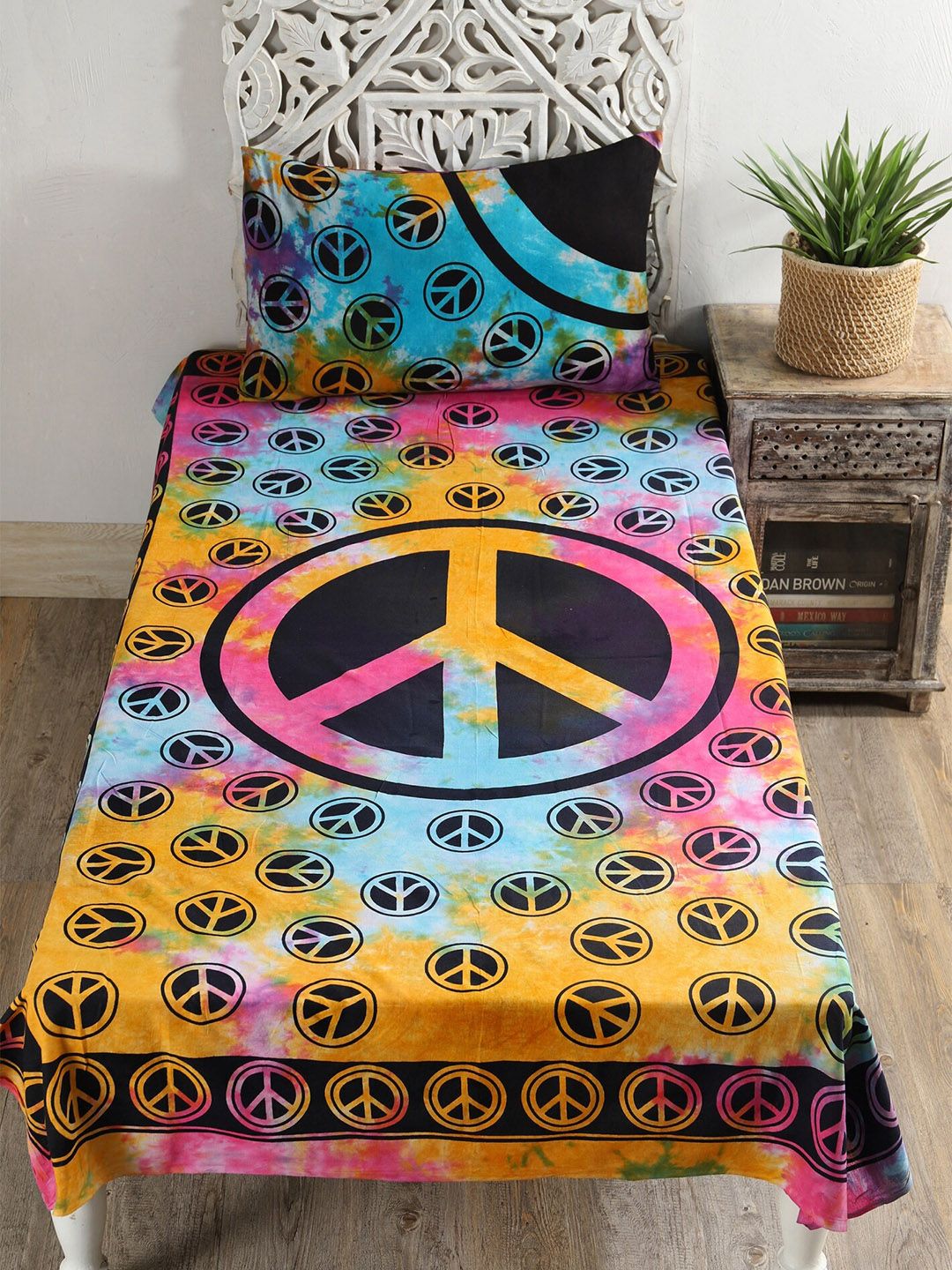 HANDICRAFT PALACE Peace Sign Printed 144 TC Cotton Single Bedsheet with 1 Pillow Covers Price in India