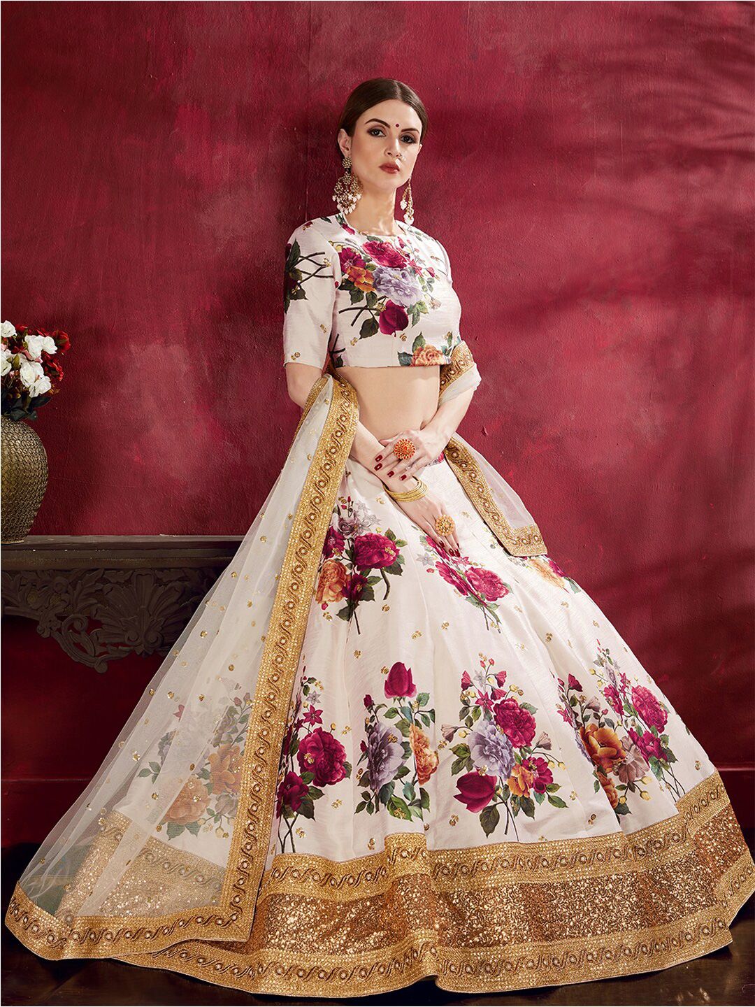 FABPIXEL Off White & Purple Printed Semi-Stitched Lehenga & Unstitched Blouse With Dupatta Price in India