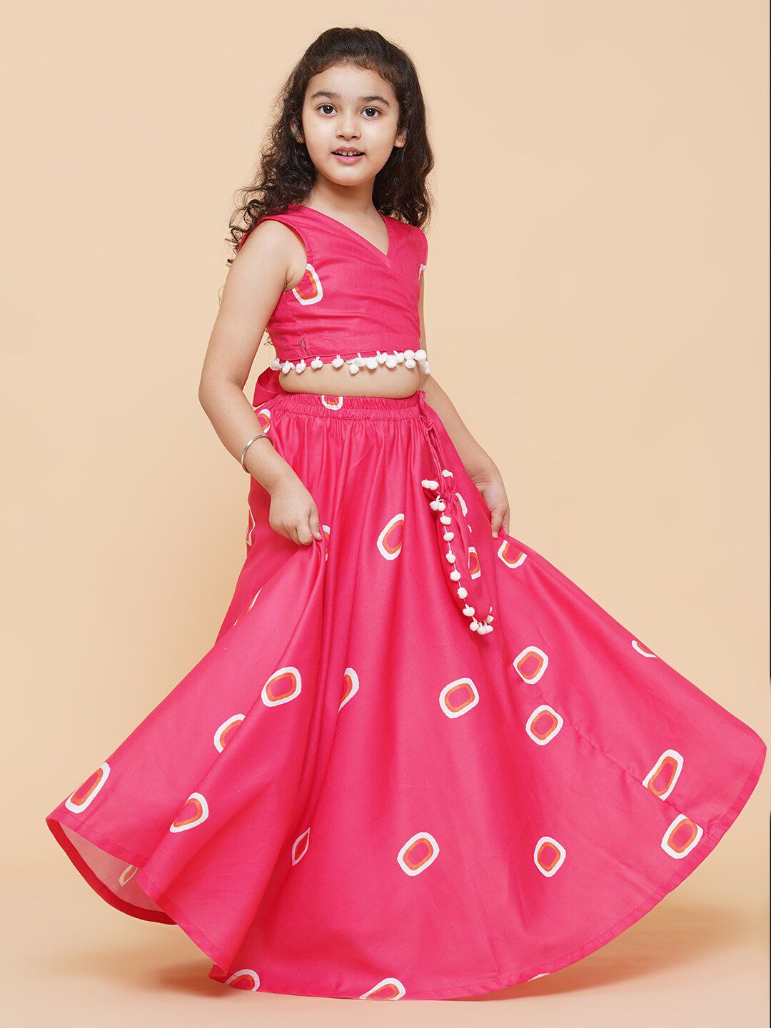 Bitiya by Bhama Girls Pink & Off White Printed Cotton Ready to Wear Lehenga Price in India