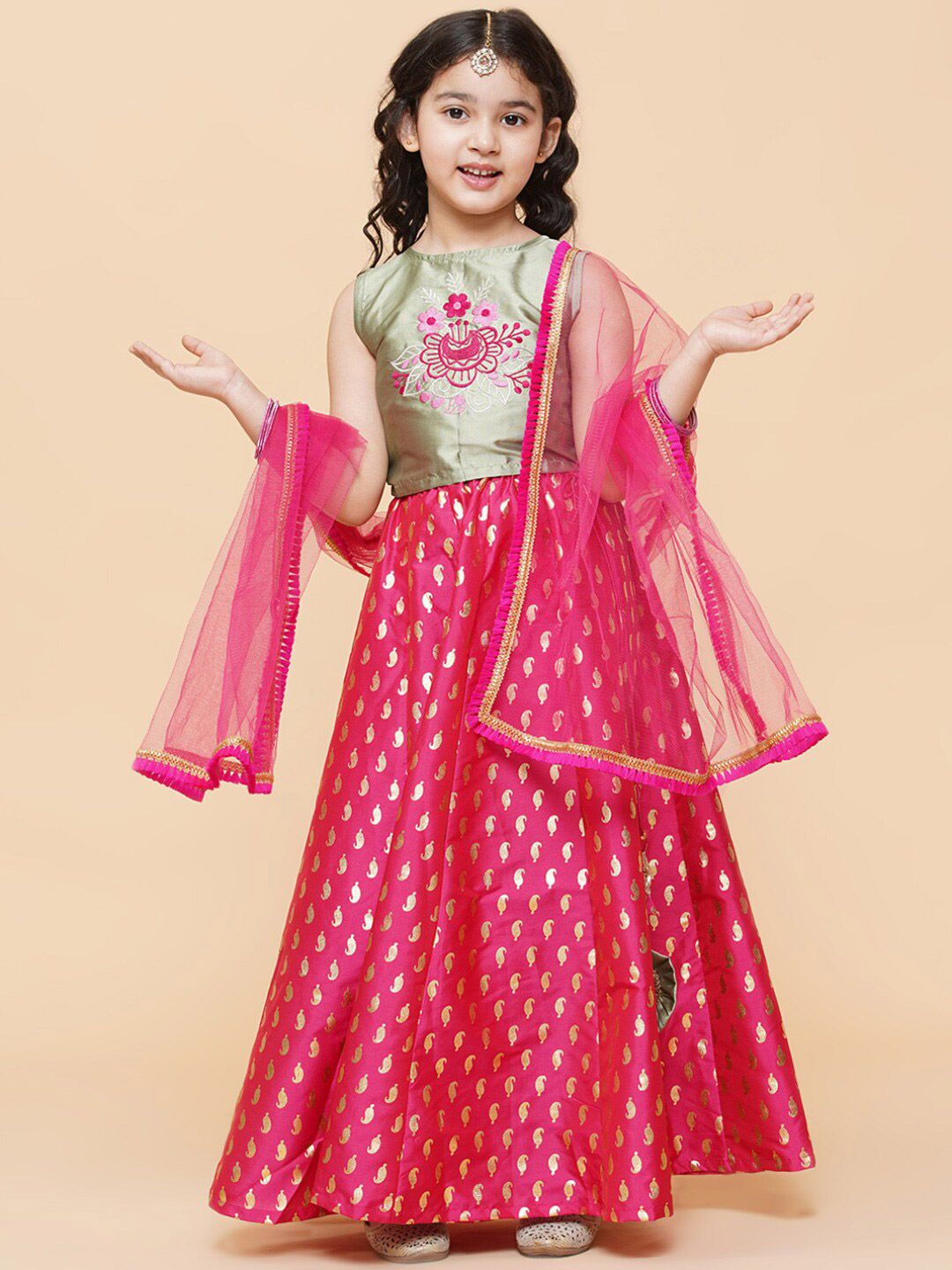Bitiya by Bhama Girls Green & Pink Embroidered Foil Print Ready to Wear Lehenga Choli Price in India