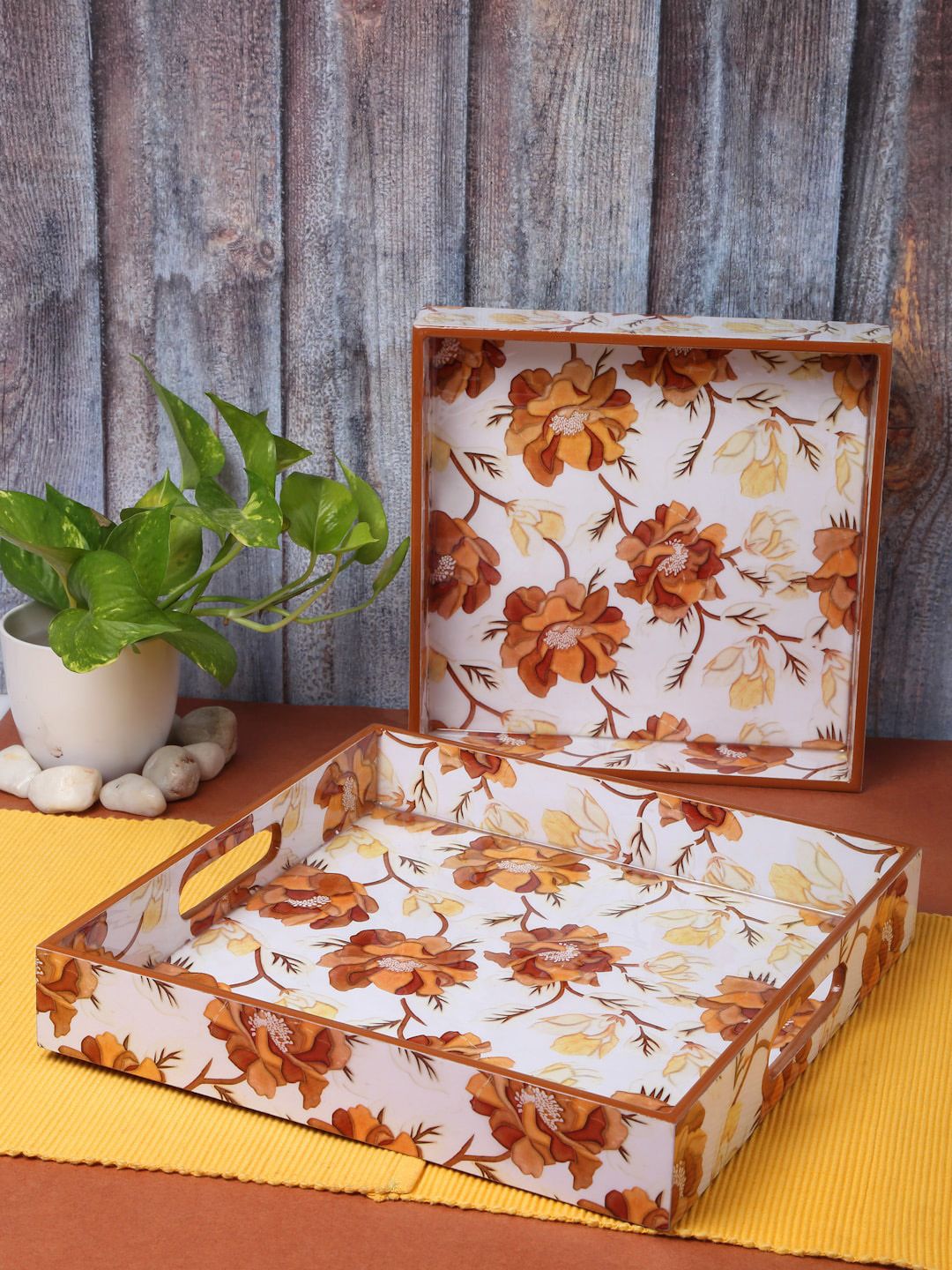 ROMEE Set Of 2 White Printed Floral Wooden Serving Trays Price in India
