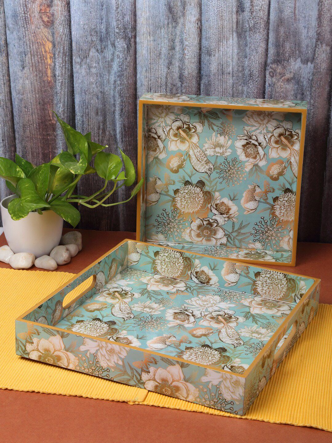 ROMEE Set Of 2 Green Floral Printed Wooden Trays Price in India