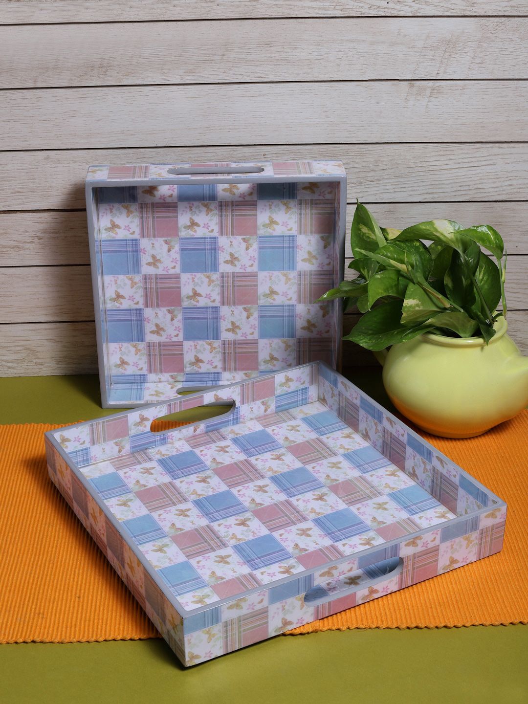 ROMEE Set Of 2 Blue Checked Wooden Serving Trays Price in India