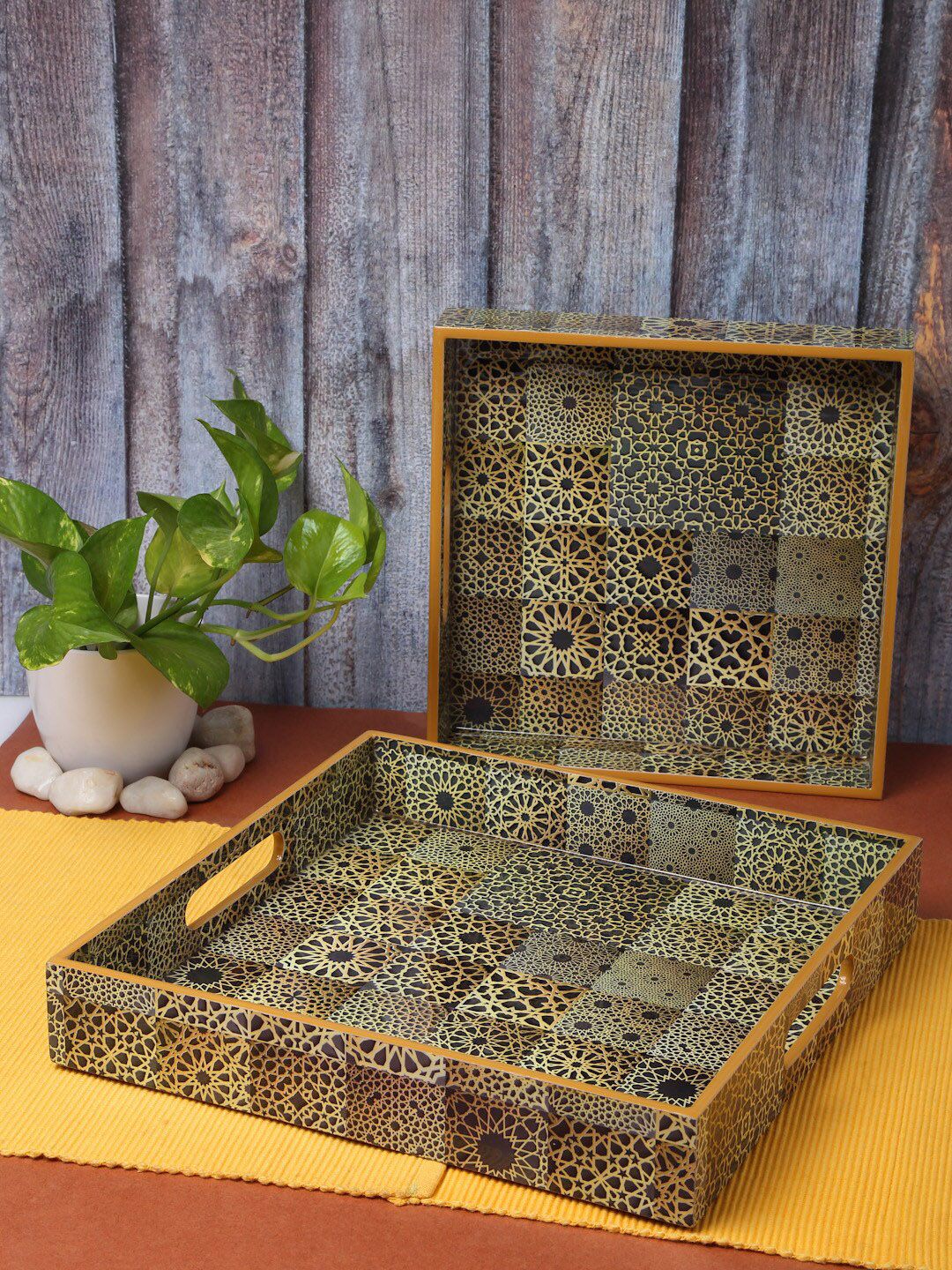 ROMEE Set Of 2 Yellow & Black Printed Wooden Trays Price in India