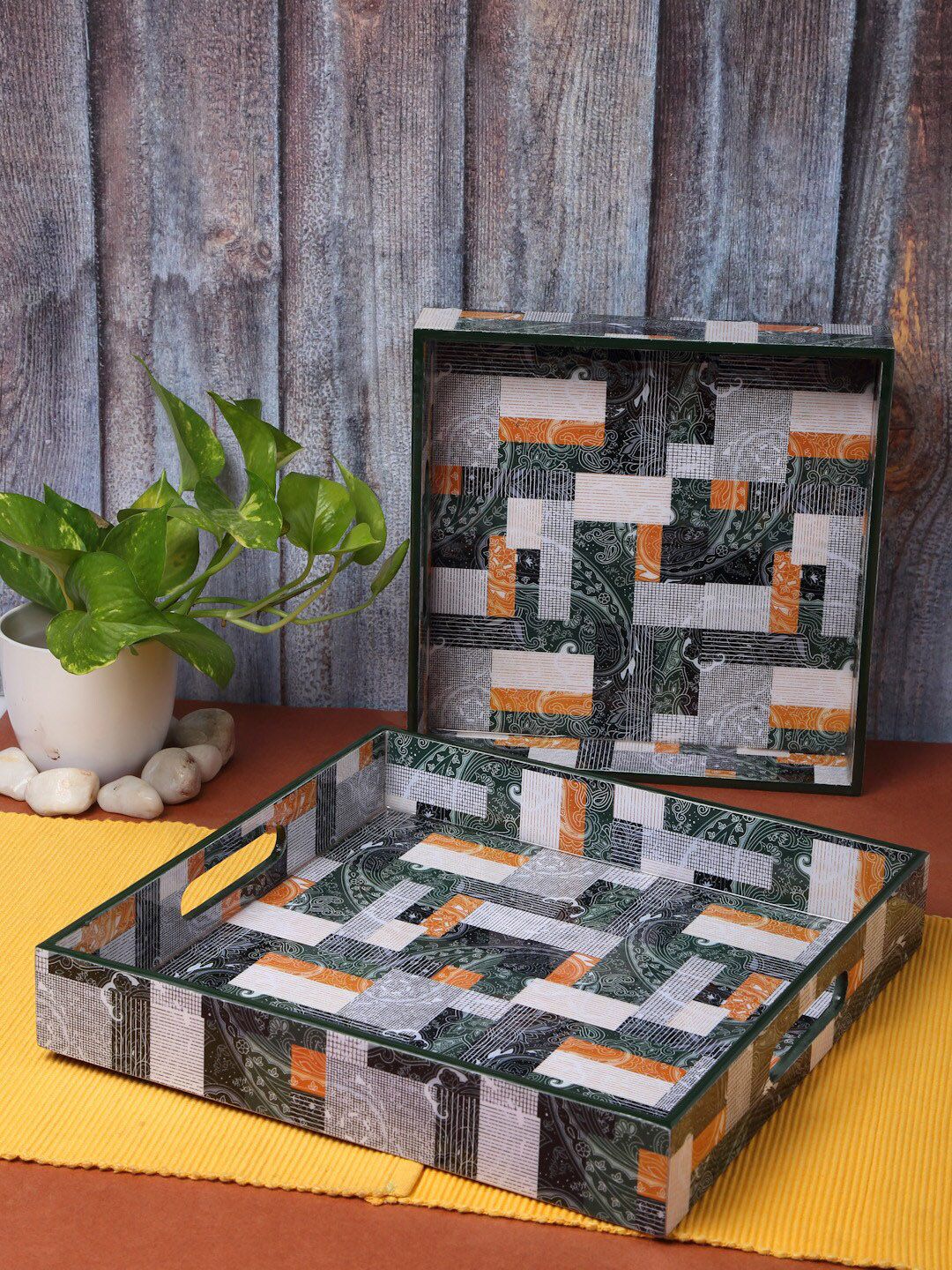 ROMEE Set Of 2 Green & White Printed Geometric Wooden Serving Trays Price in India