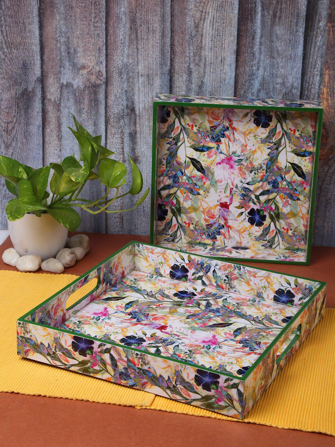 ROMEE Set Of 2 White & Pink Printed Floral Wooden Serving Trays Price in India