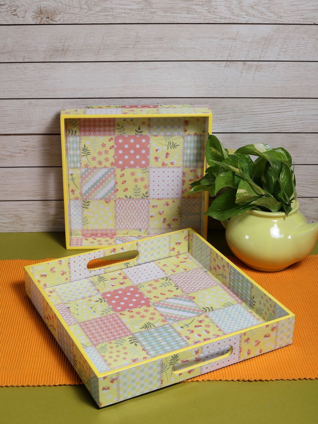 ROMEE Set Of 2 Yellow Floral Printed Floral Wooden Trays Price in India