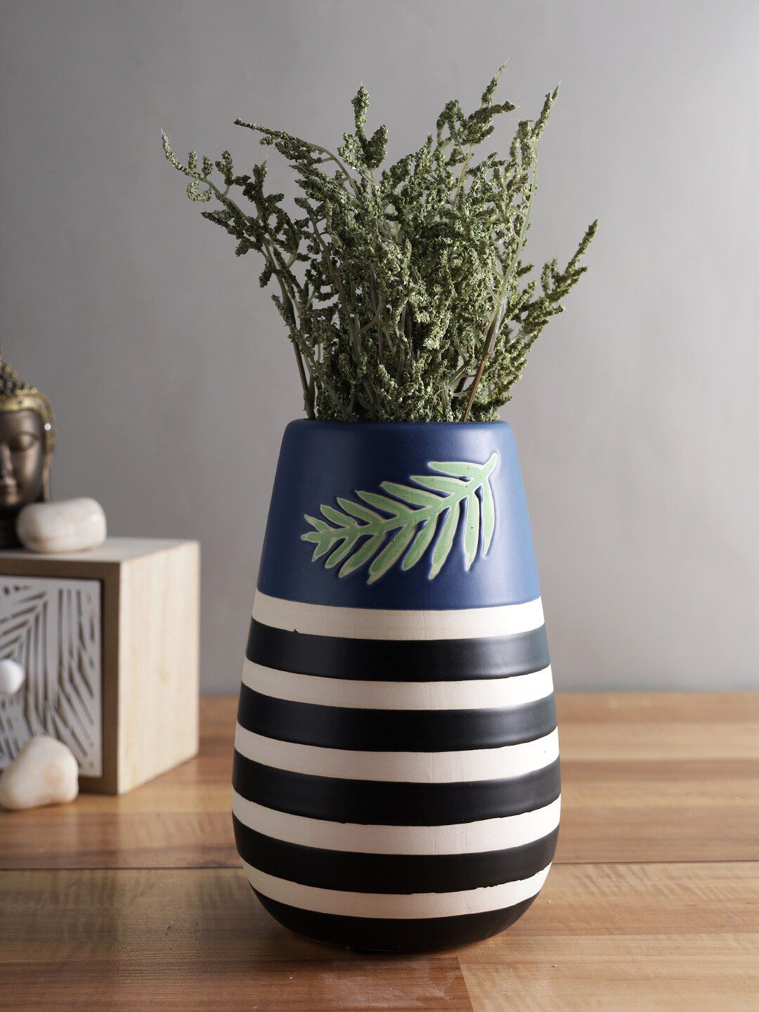 TAYHAA Blue & Black  Printed Striped Ceramic Vases Price in India