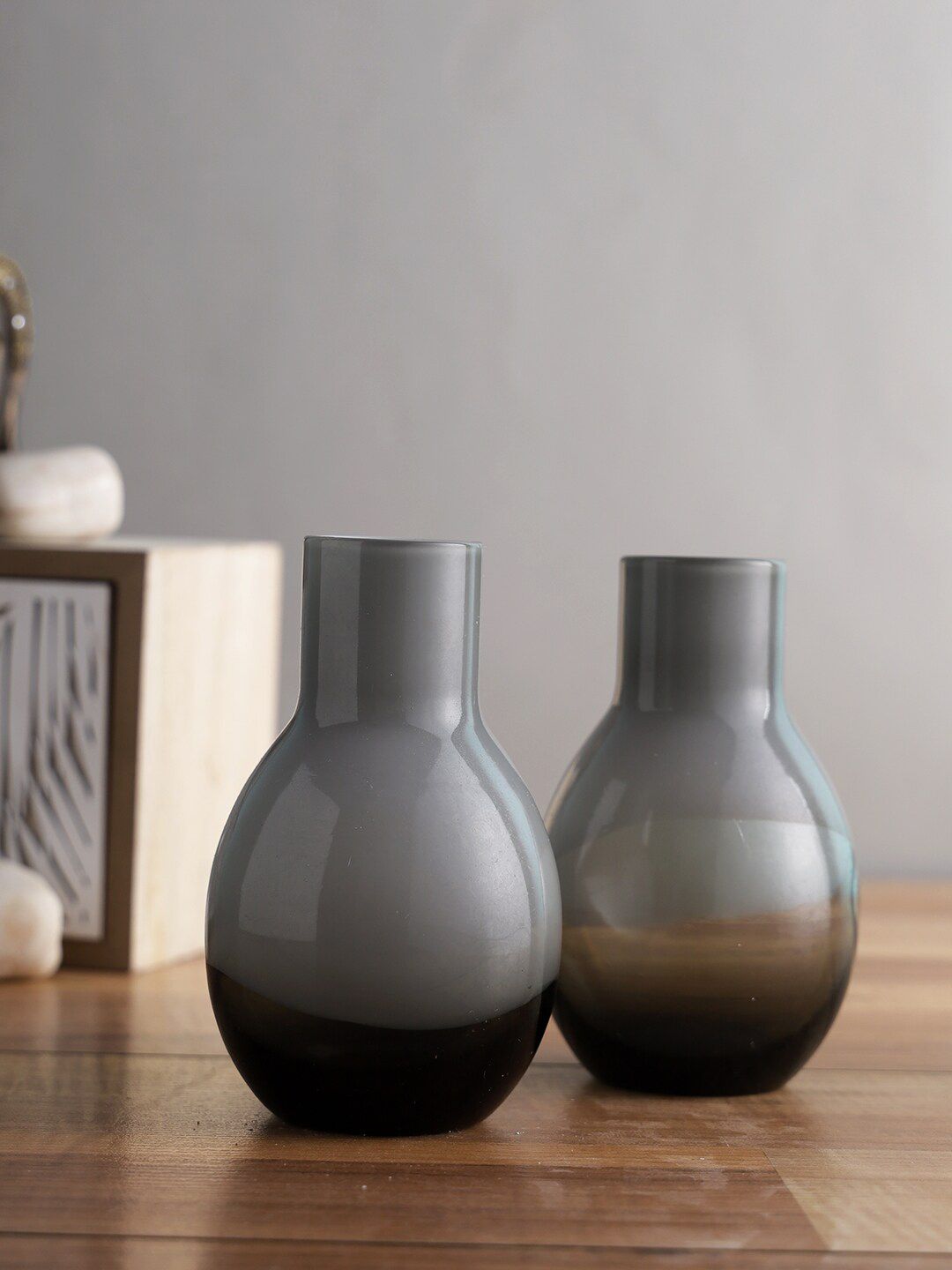 TAYHAA Grey Set Of 2 Solid Glass Vase Price in India