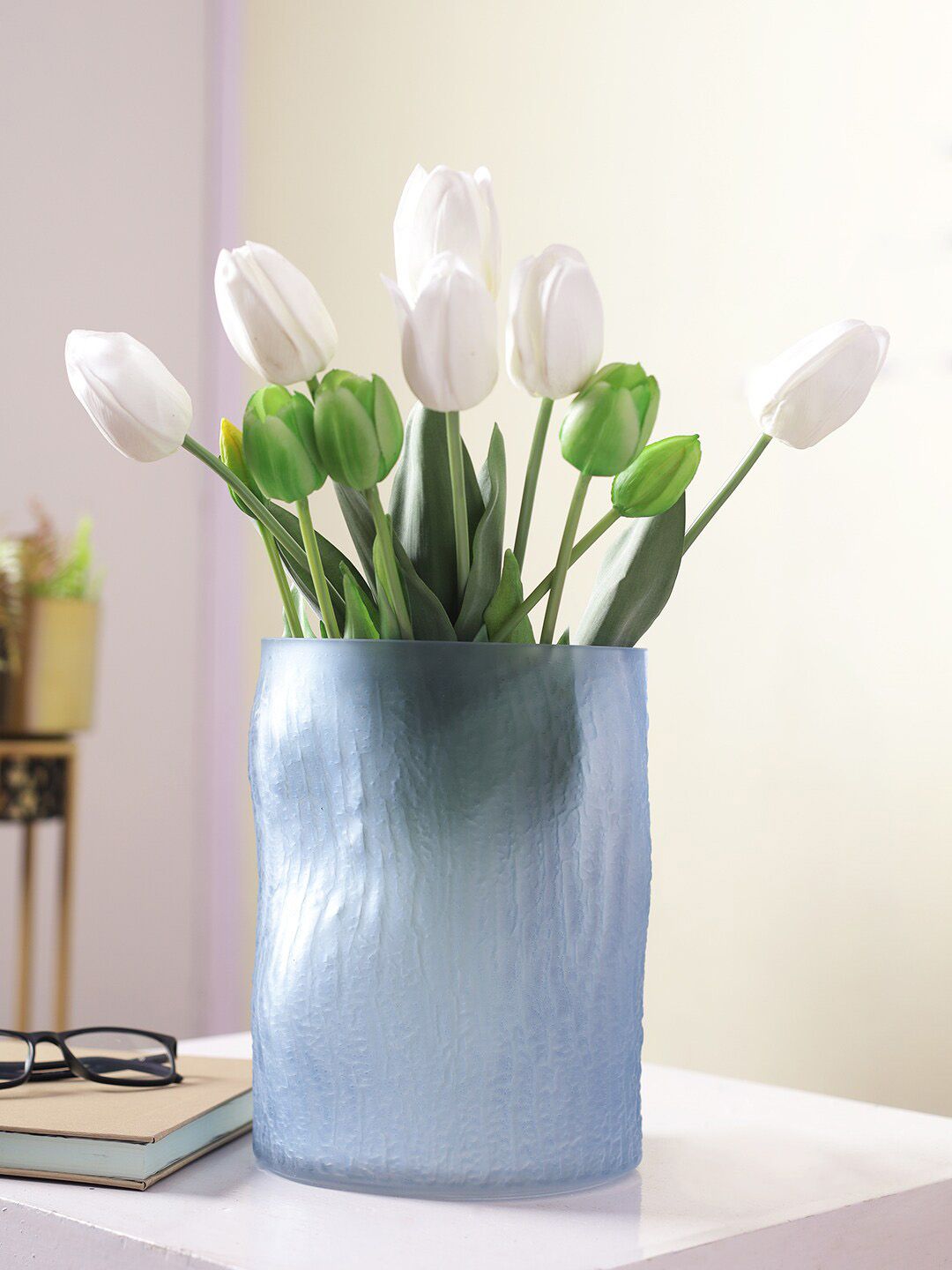 TAYHAA Blue Cylindrical Shaped Glass Vase Price in India