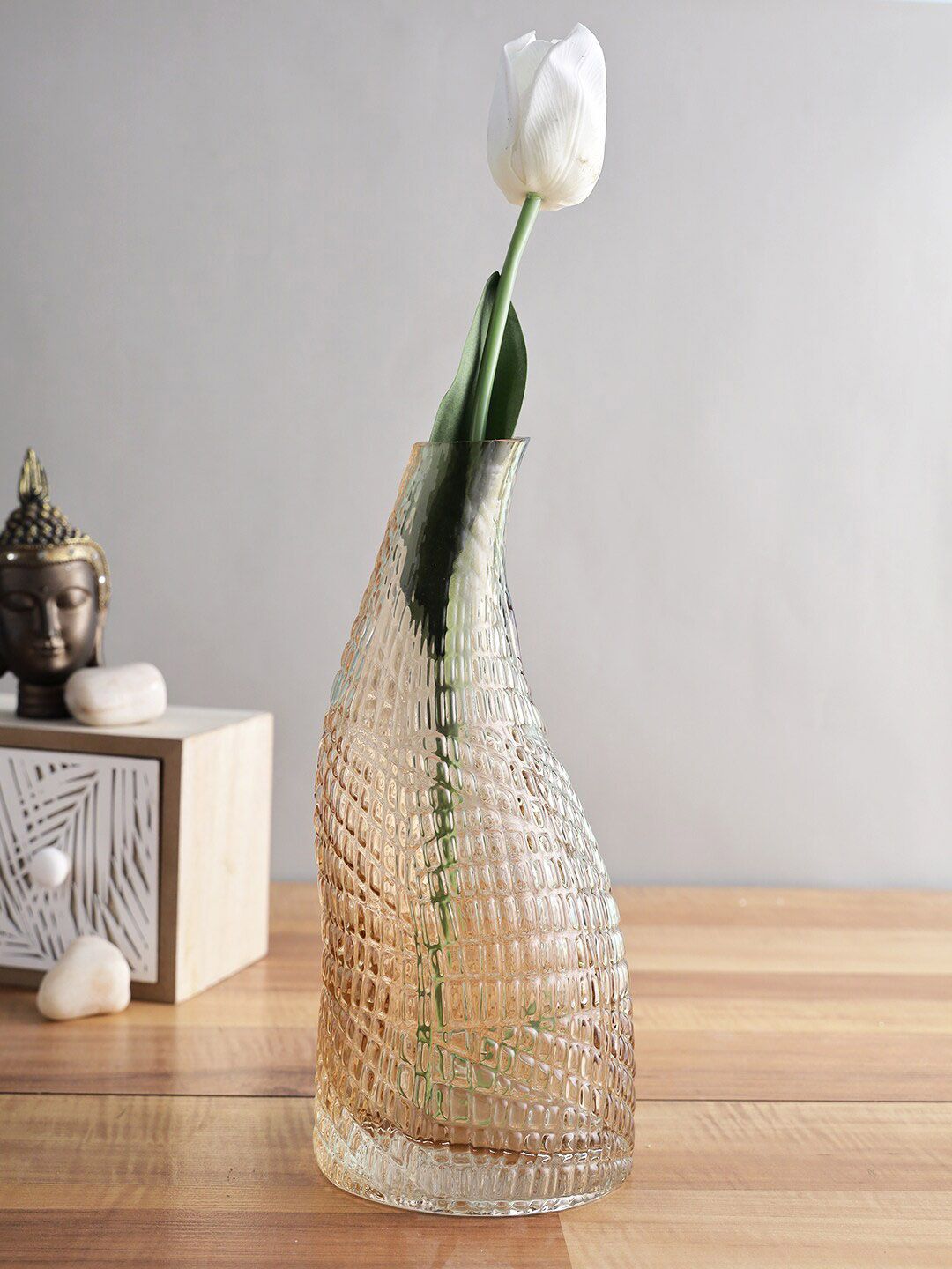 TAYHAA Brown Textured Vintage Twisted Neck Glass Vase Price in India