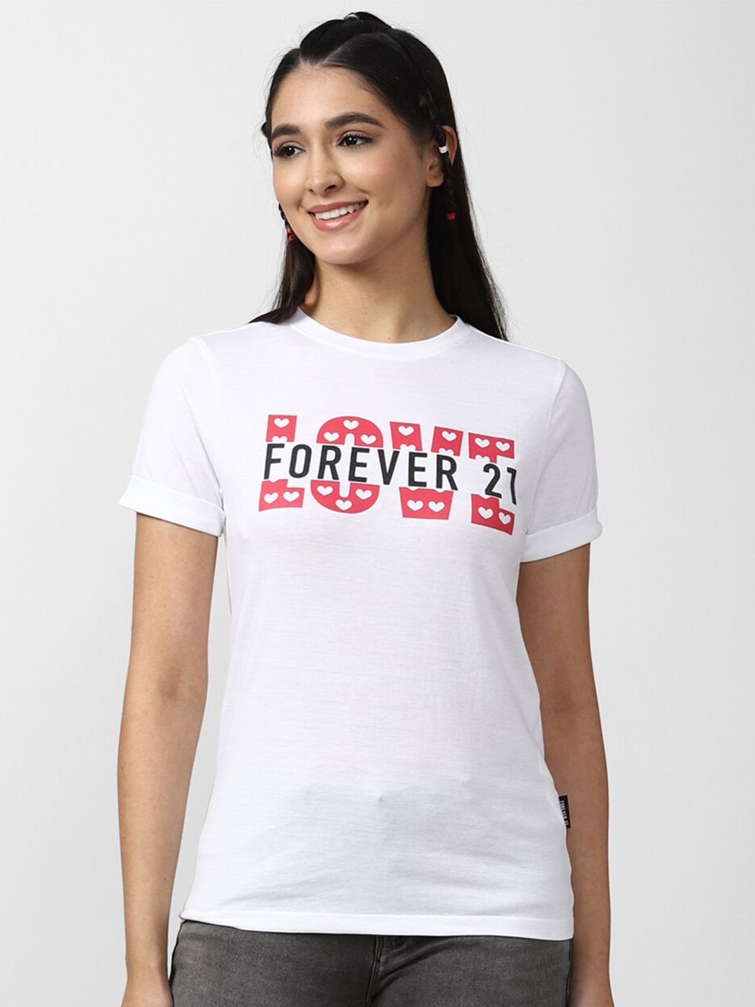 FOREVER 21 White Graphic Print Round Neck Cotton Blend Top Price in India