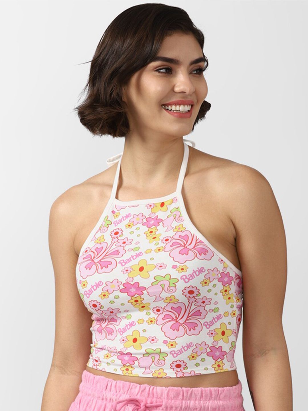 FOREVER 21 Multicoloured Floral Print Halter Neck Crop Cotton Blend Top Price in India