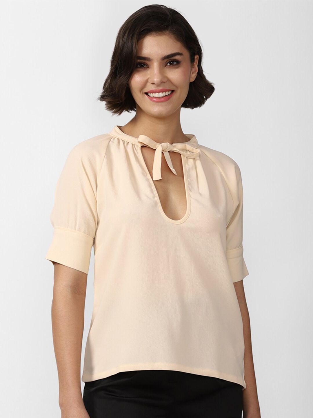 FOREVER 21 Beige Solid Tie-Up Neck Polyester Top Price in India