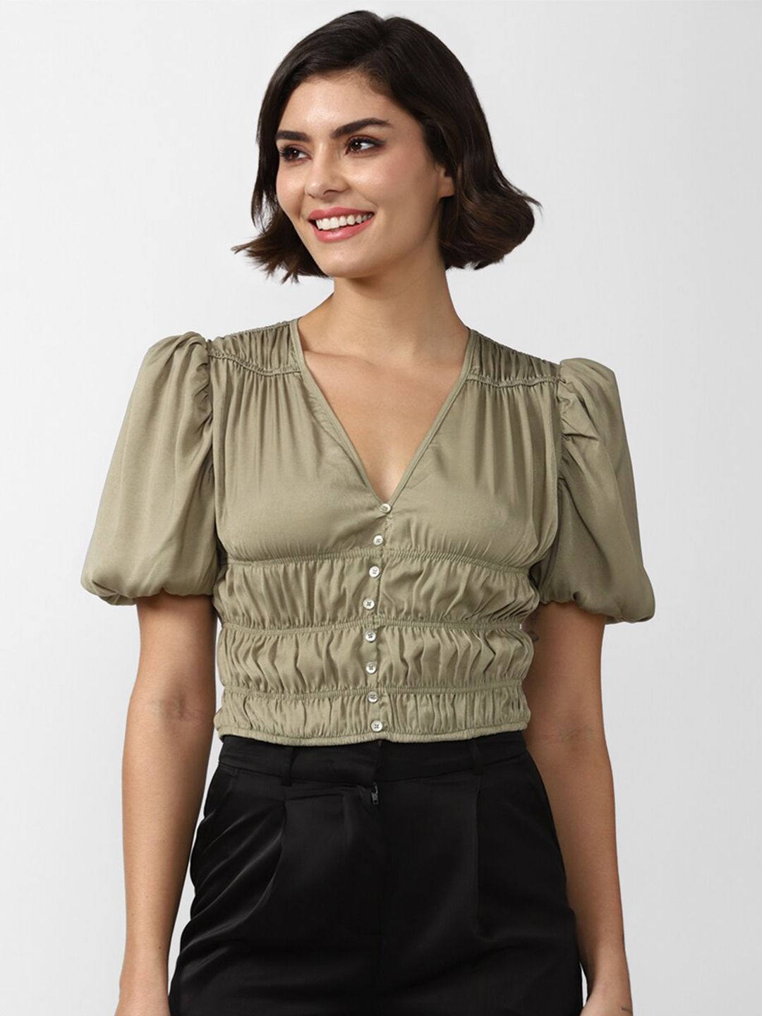 FOREVER 21 Women Olive Green Smocked Crop Top Price in India