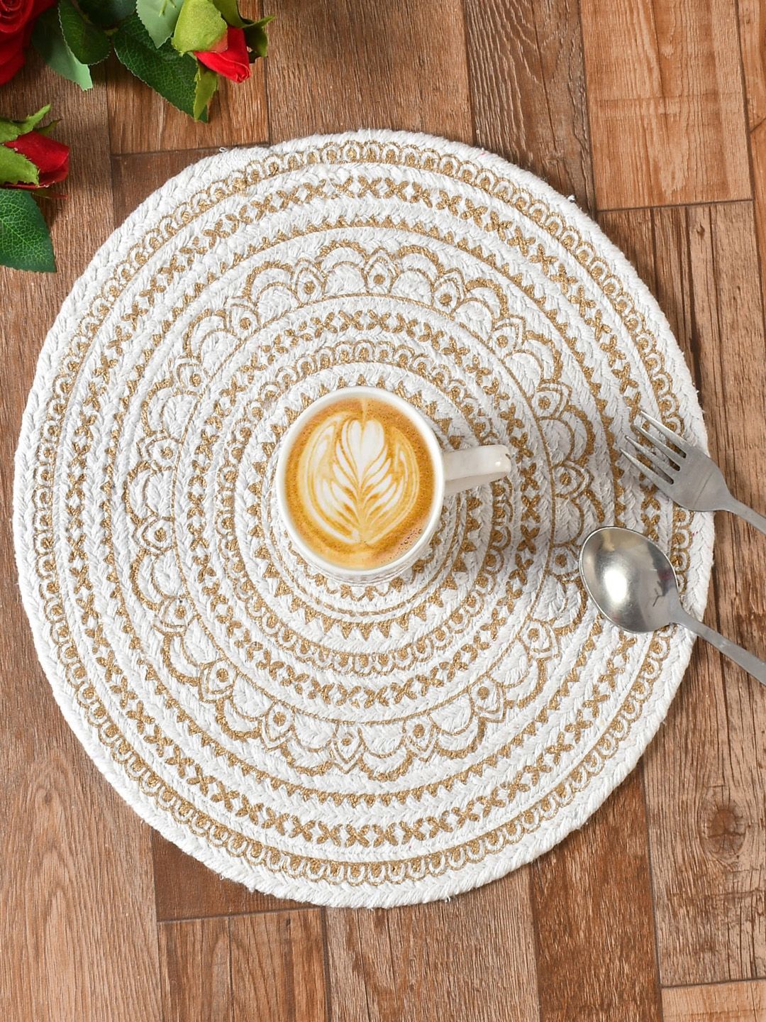 Homefab India Set Of 4 White Gold-Colored Printed Cotton Table Placemats Price in India