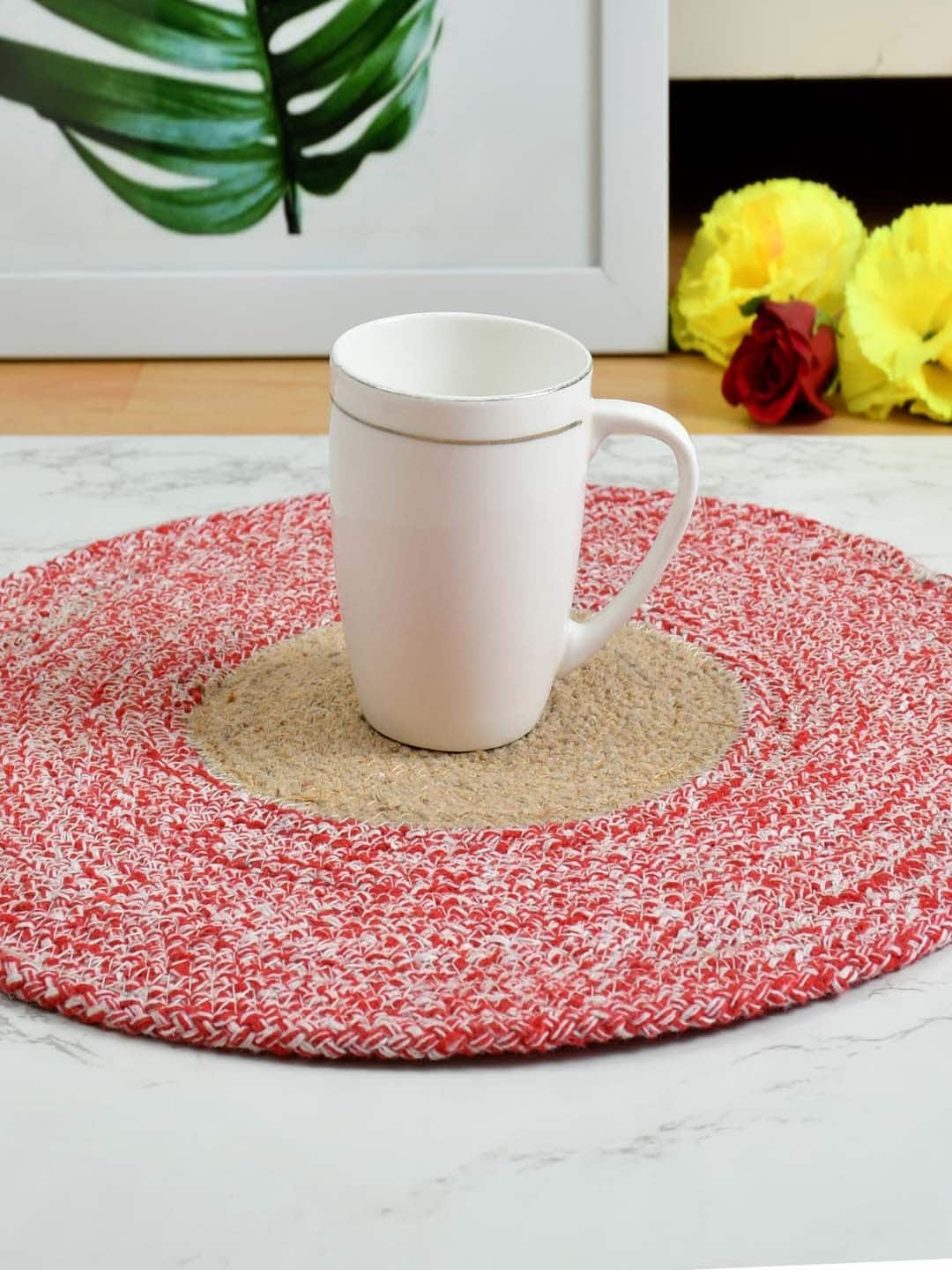 Homefab India Set Of 4 Red & Beige Solid Round Table Placemats Price in India