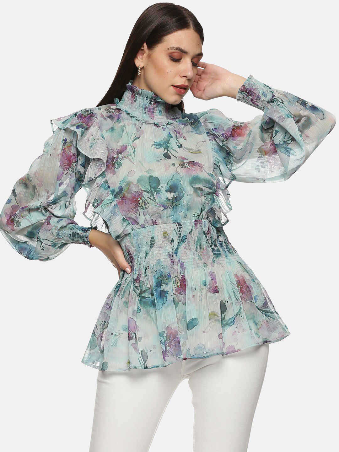 ISU Multicoloured Floral Print High Neck Chiffon Cinched Waist Top Price in India