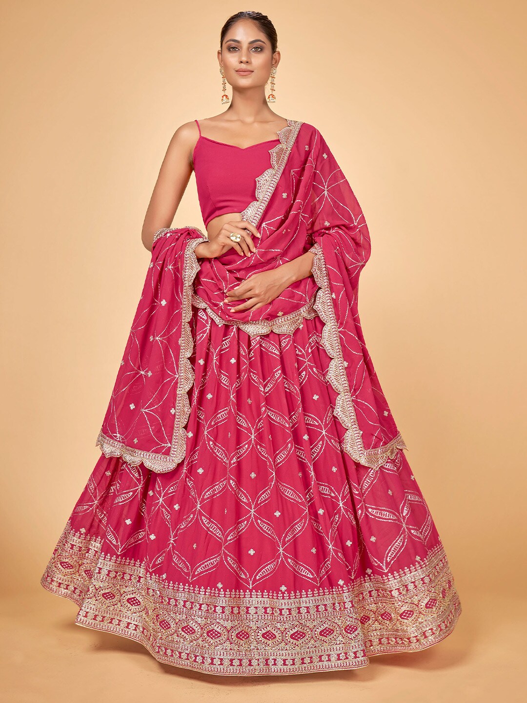 Cloth's Villa Pink & Silver-Toned Sequinned Semi-Stitched Lehenga & Unstitched Blouse With Dupatta Price in India