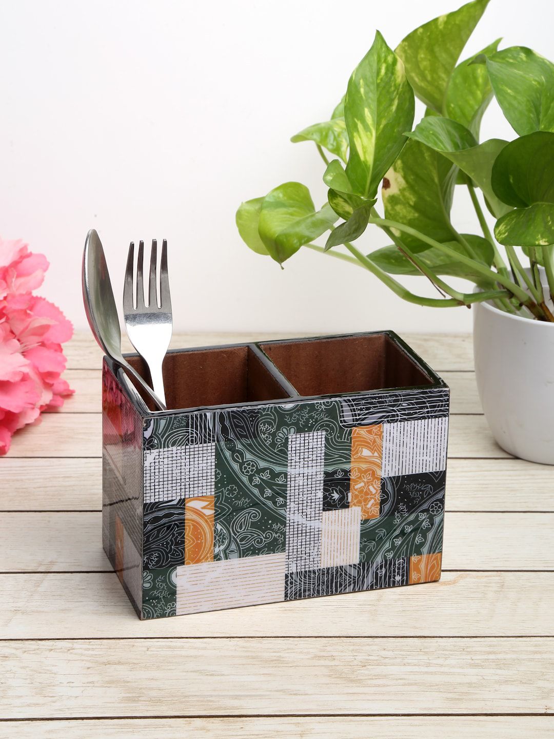 ROMEE Green & White Printed Cutlery Stand Price in India
