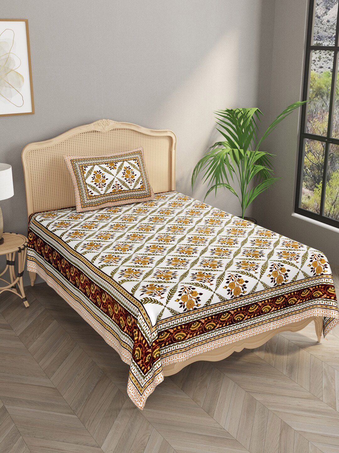 Gulaab Jaipur = Floral 210 TC Single Cotton Bedsheet with 1 Pillow Cover Price in India