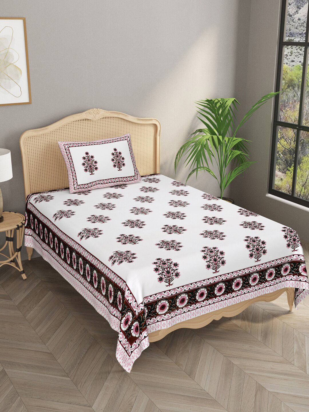 Gulaab Jaipur Floral 210 TC Single Cotton Bedsheet with 1 Pillow Cover Price in India