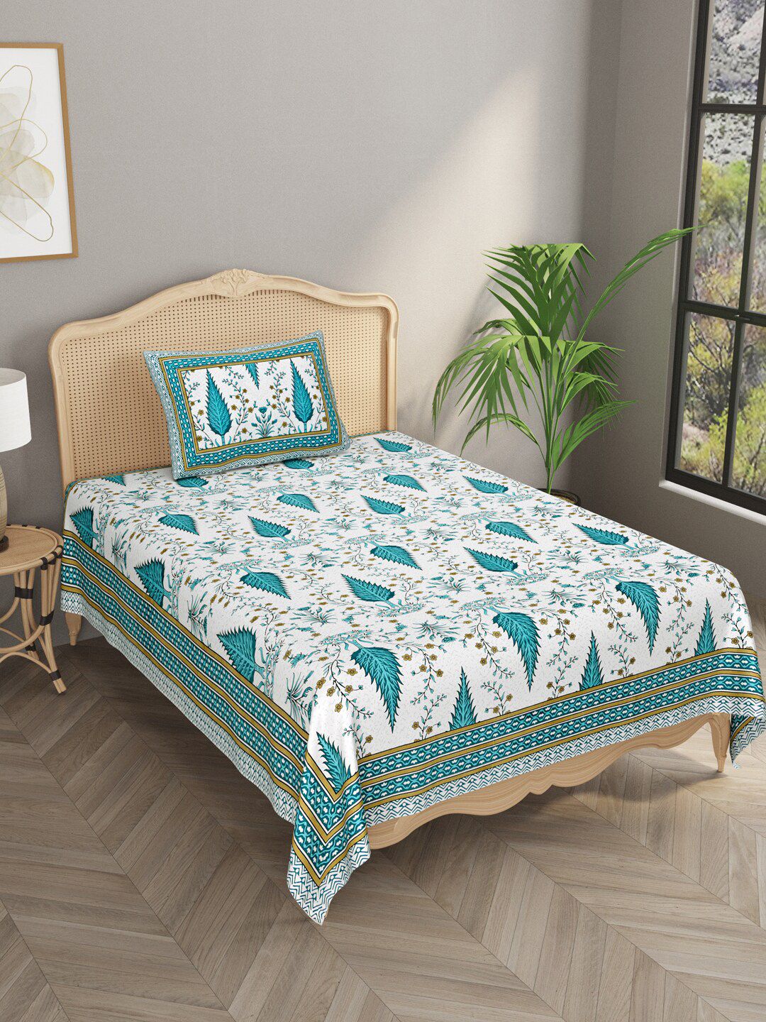 Gulaab Jaipur Ethnic Motifs 210 TC Single Cotton Bedsheet with 1 Pillow Cover Price in India