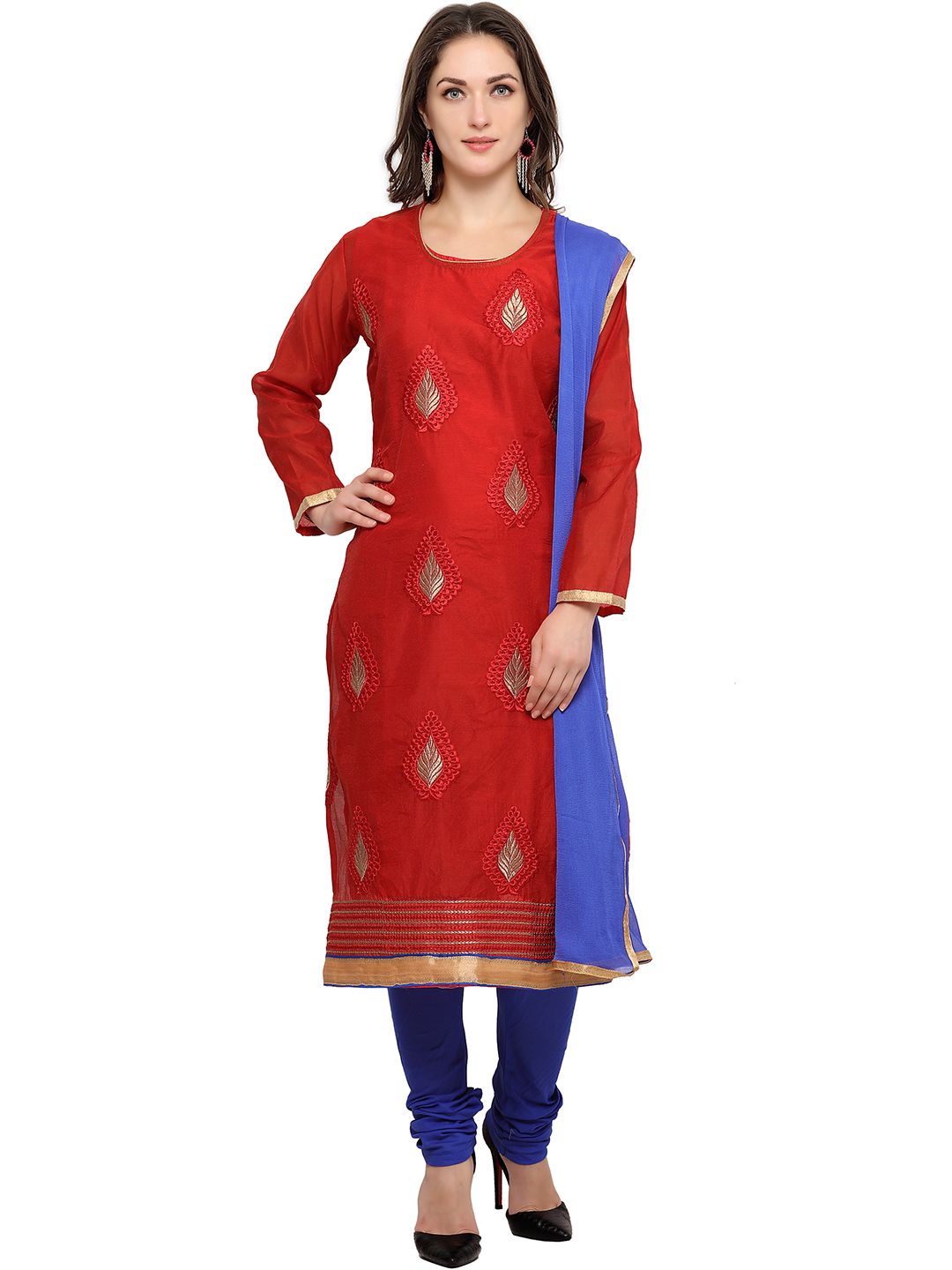 Blissta Red & Blue Embroidered Unstitched Dress Material Price in India