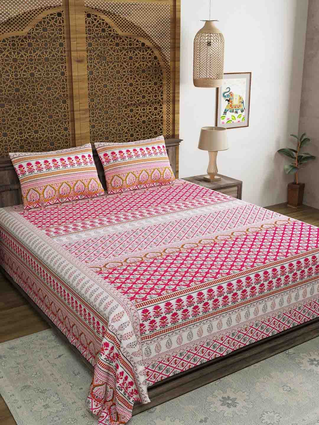 BLOCKS OF INDIA Cotton Floral 210 TC King Bedsheet with 2 Pillow Covers Price in India