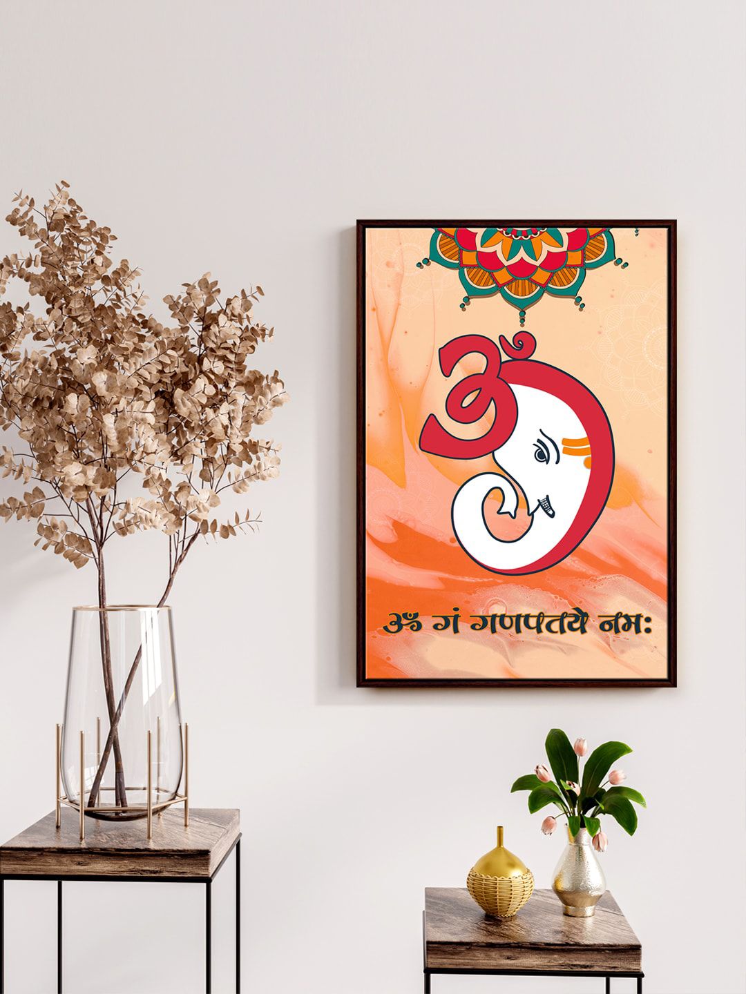 999Store Orange & Green Ganesh Mantra Printed Framed Wall Painting Price in India