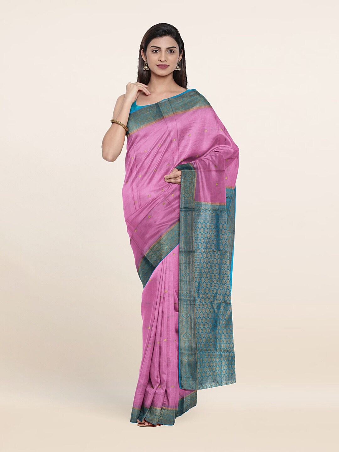 Pothys Pink & Blue Ethnic Motifs Zari Pure Silk Saree Price in India