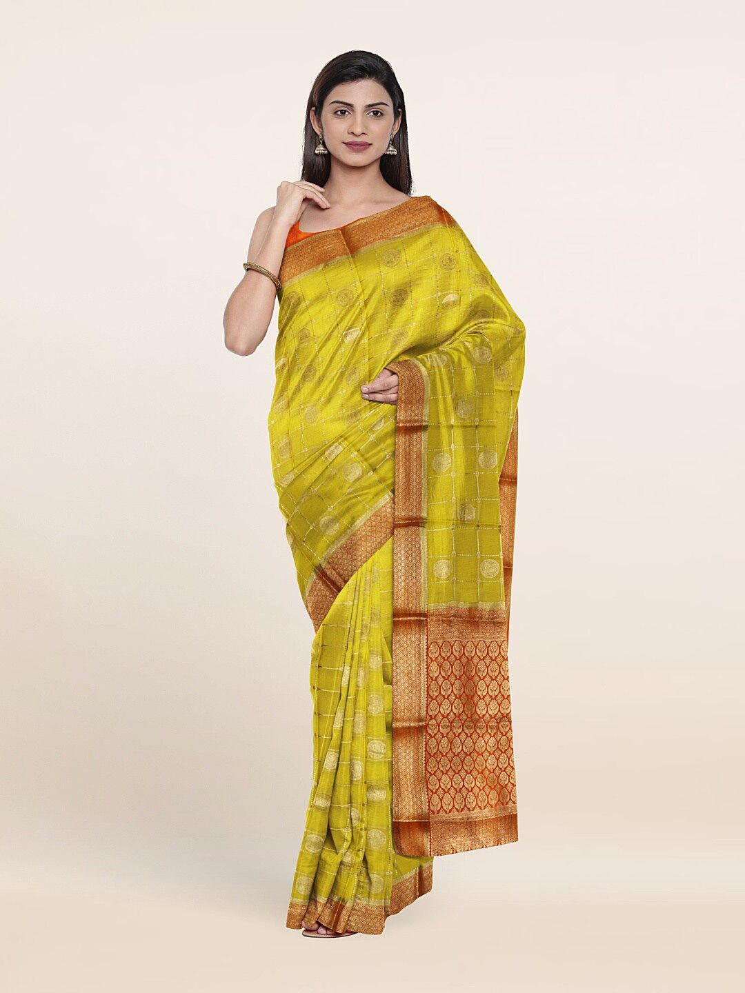 Pothys Yellow & Orange Ethnic Motifs Pure Silk Saree Price in India