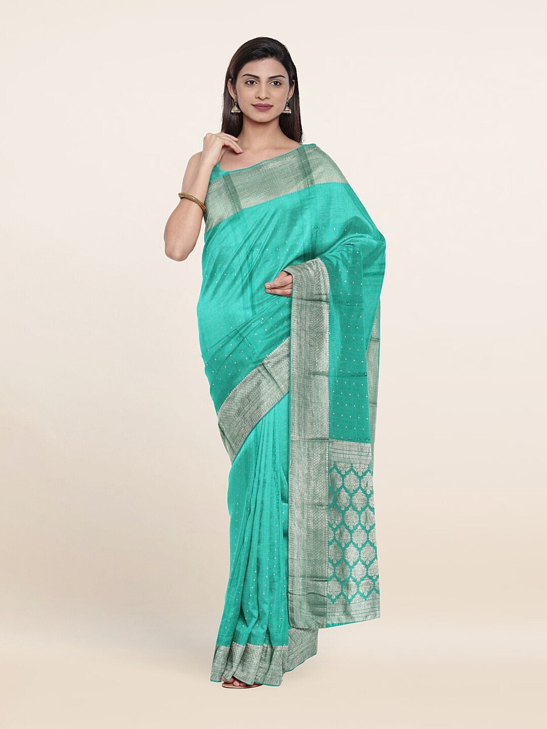 Pothys Green & Silver-Toned Pure Silk Saree Price in India