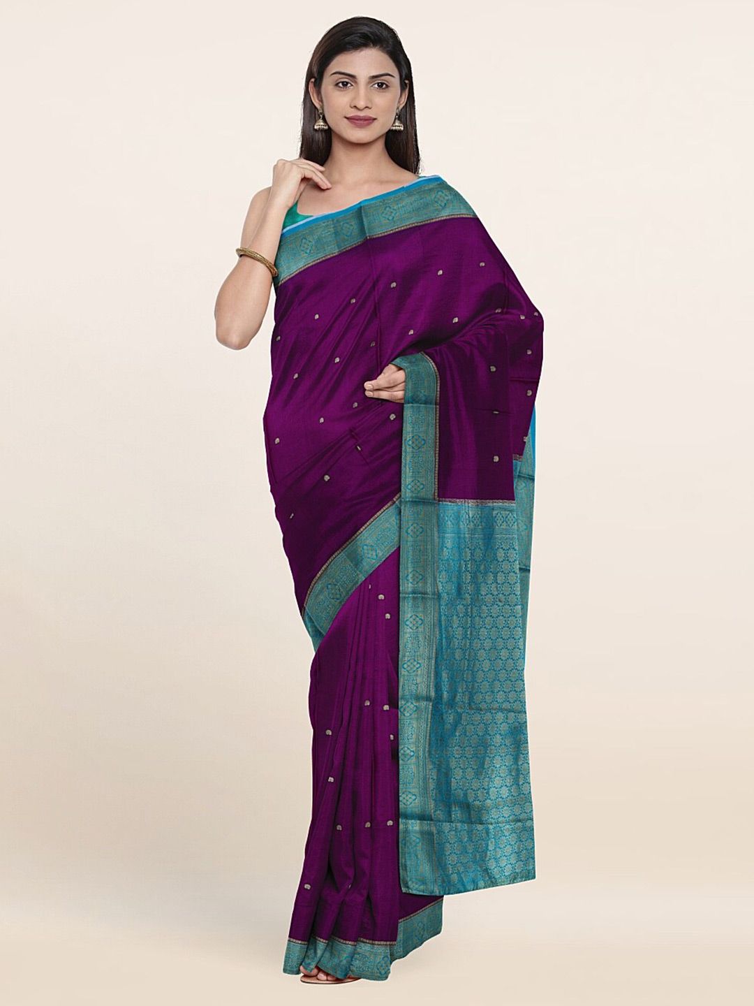 Pothys Violet & Blue Floral Pure Silk Saree Price in India