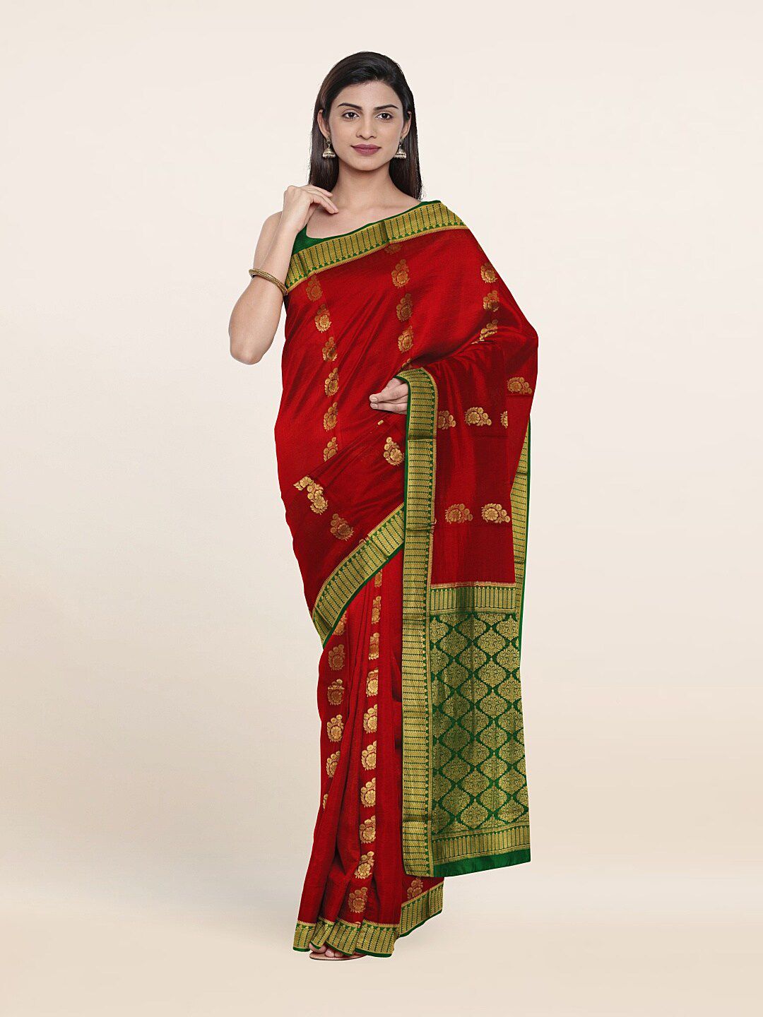 Pothys Maroon & Green Floral Zari Pure Silk Saree Price in India