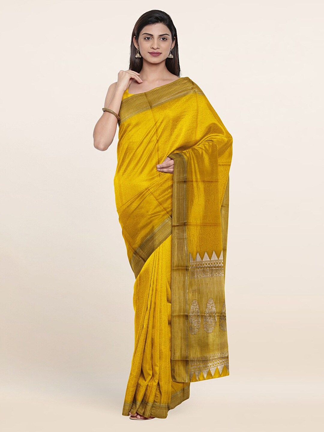 Pothys Yellow & Gold-Toned Ethnic Motifs Zari Pure Silk Saree Price in India