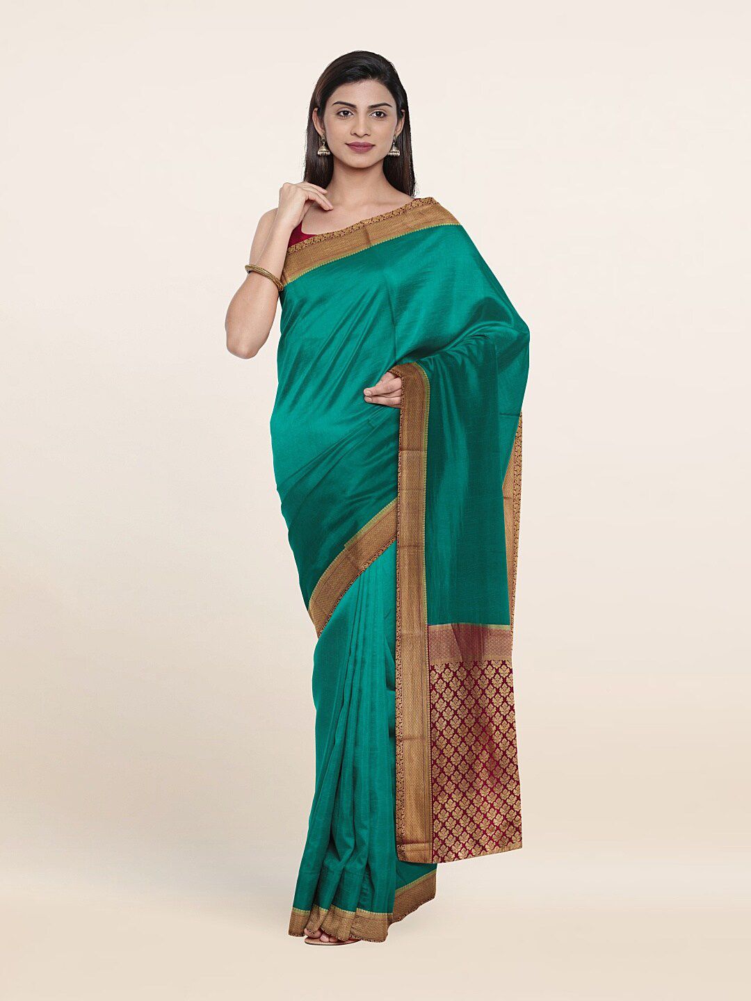 Pothys Green & Red Zari Pure Silk Saree Price in India
