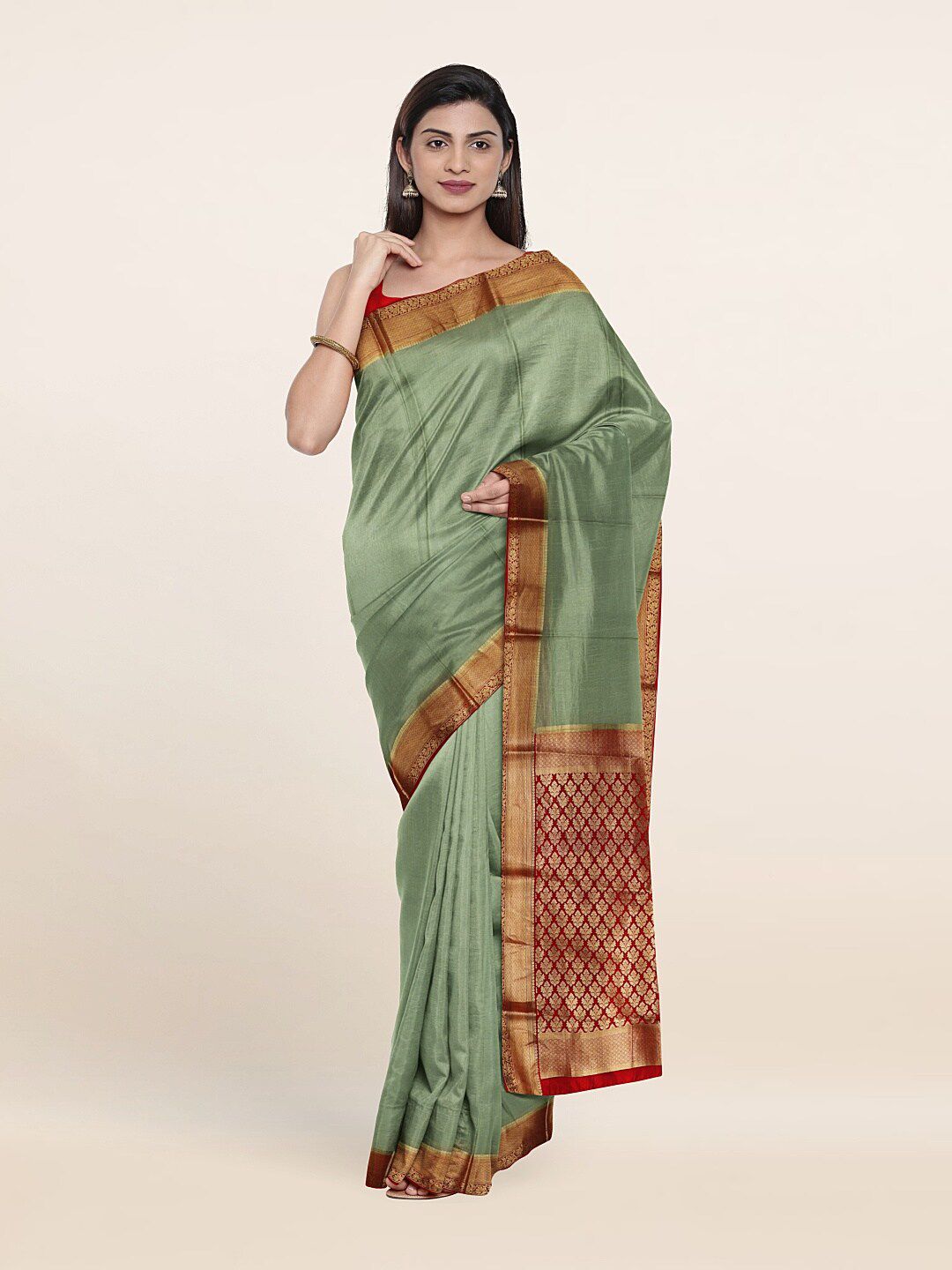 Pothys Green & Red Zari Pure Silk Saree Price in India