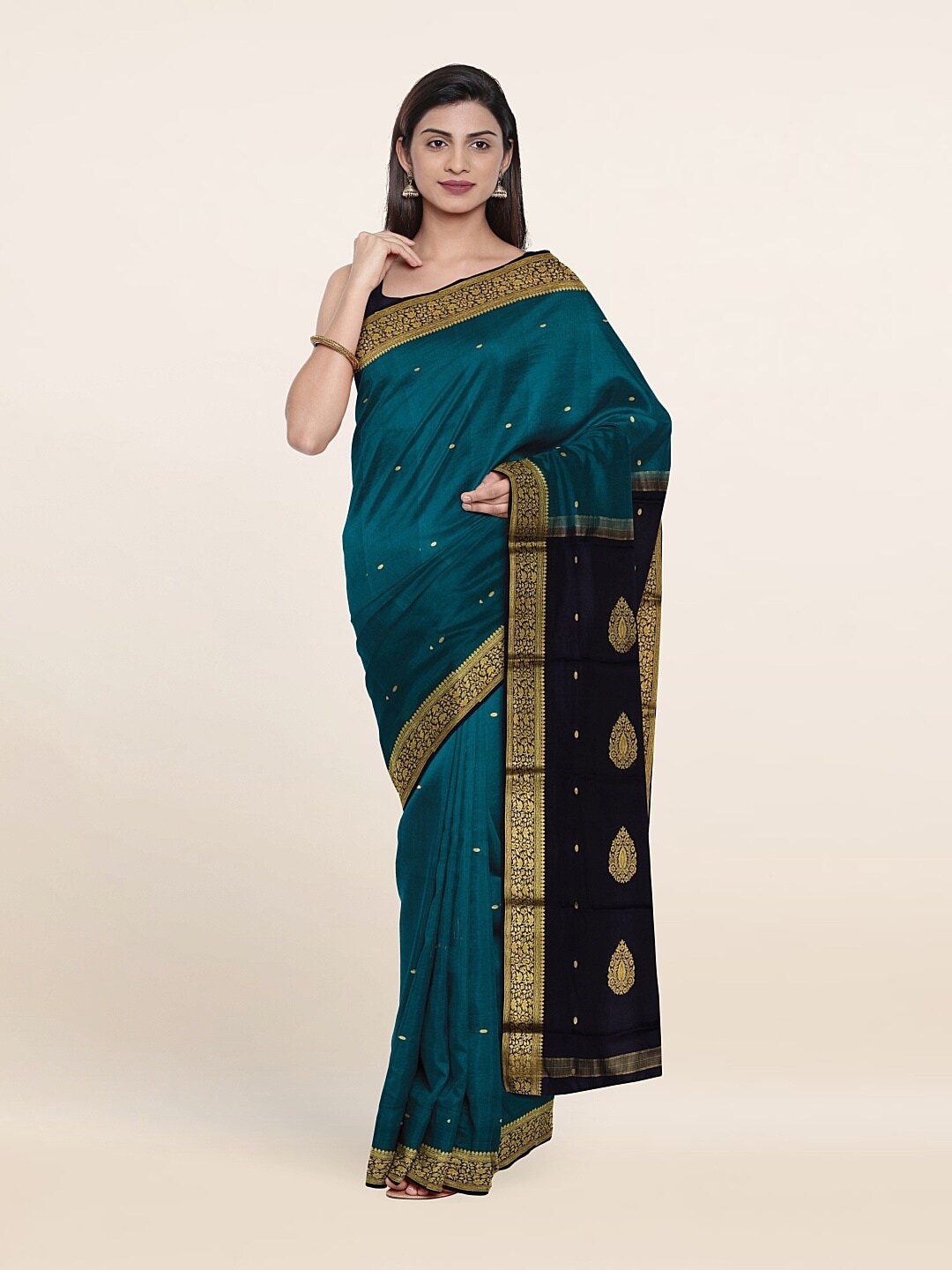 Pothys Teal & Navy Blue Ethnic Motifs Zari Pure Silk Saree Price in India