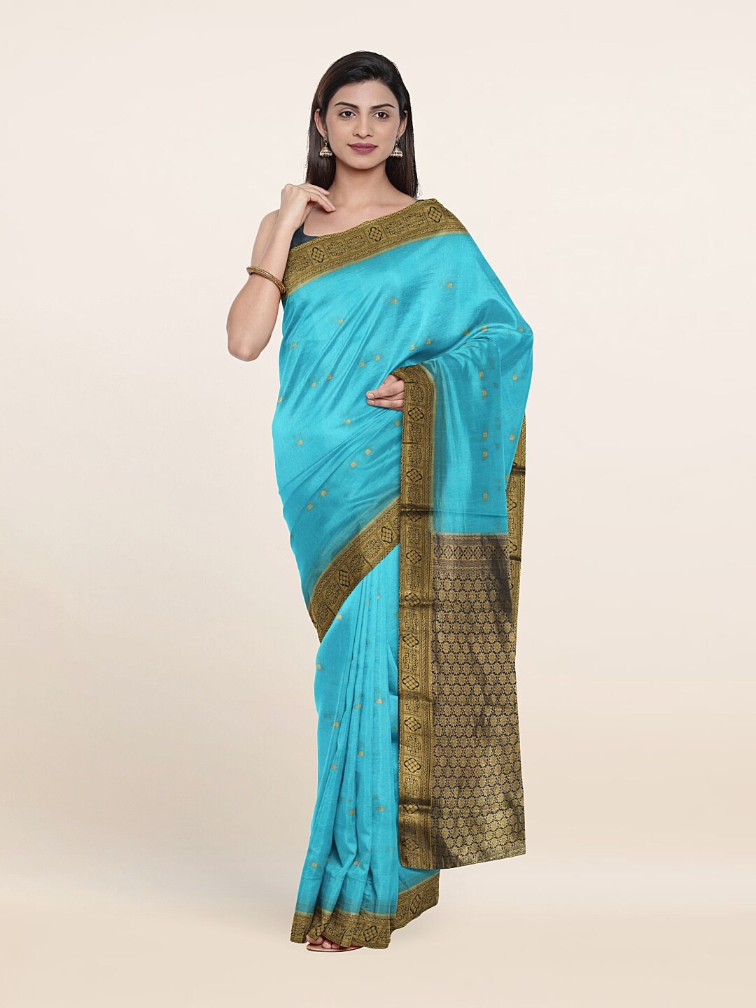Pothys Blue & Gold-Toned Ethnic Motifs Zari Pure Silk Saree Price in India