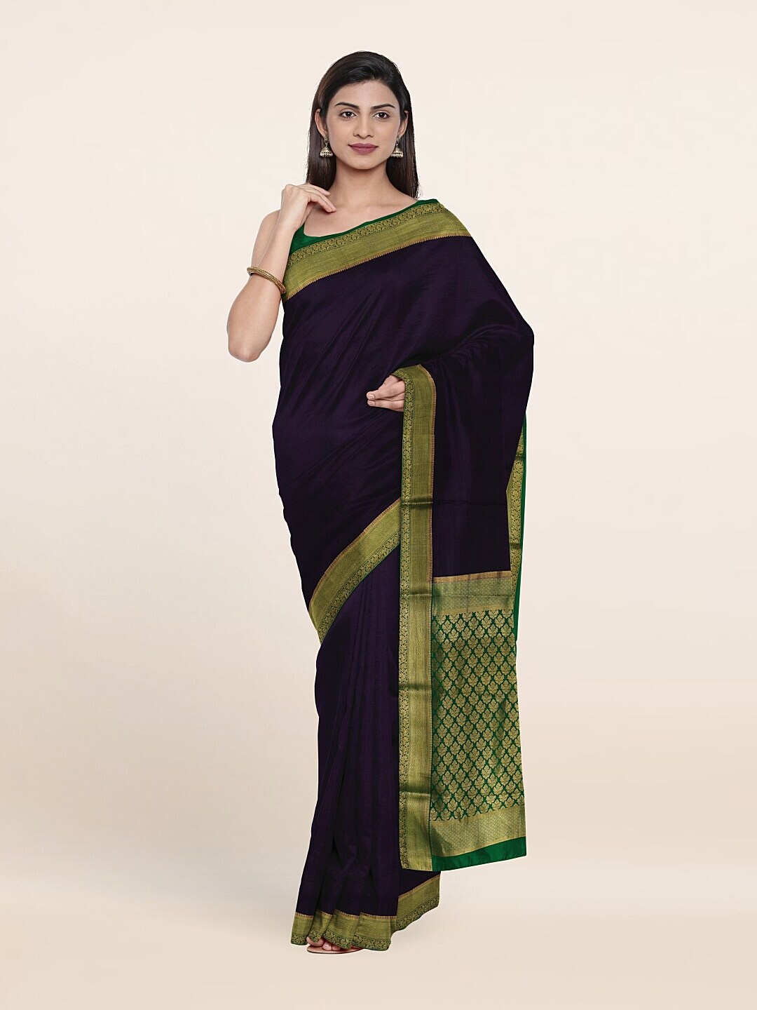 Pothys Navy Blue & Green Woven Design Zari Pure Silk Saree Price in India