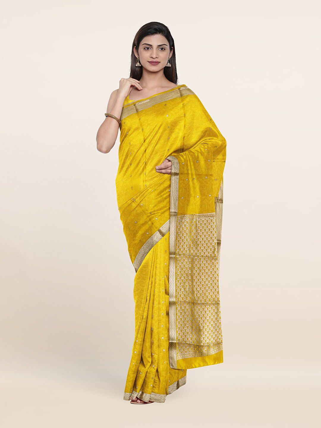 Pothys Yellow & Gold-Toned Floral Zari Pure Silk Saree Price in India