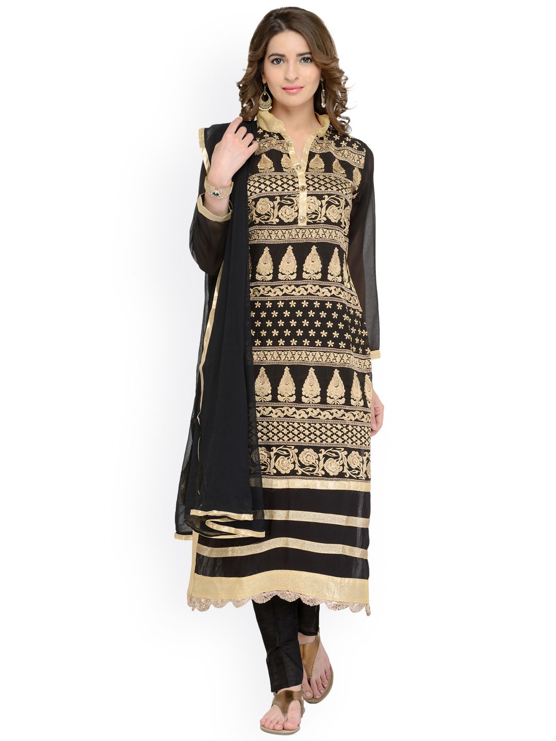 Chhabra 555 Black & Gold-Toned Cotton Blend Unstitched Dress Material Price in India